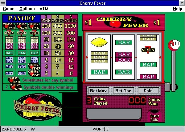 Cherry Slots Fever (Windows 3.x) screenshot: The player can use the mouse to 'pull' the handle and to insert coins in the coin slot, alternatively they can click on the buttons below the reels