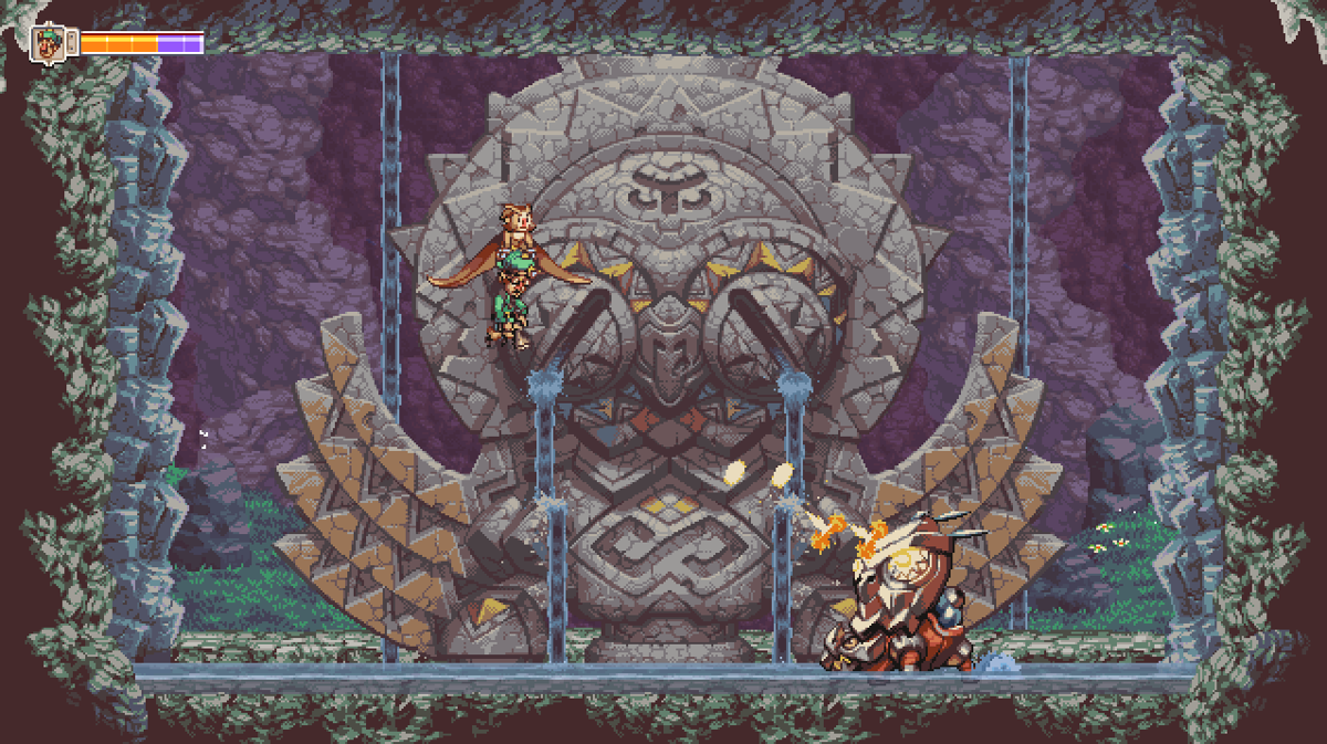 Owlboy (Windows) screenshot: Otus and Geddy battle the guardian of the Vellie cave.