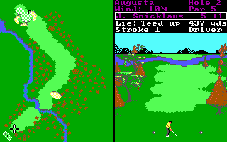 World Tour Golf (DOS) screenshot: The second hole at Augusta (Tandy/PCjr)