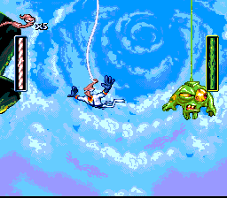 Earthworm Jim (SNES) screenshot: Note the cool view of the sky