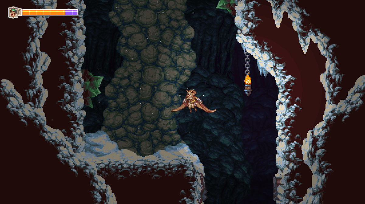 Owlboy (Windows) screenshot: Otus flying around in a frozen cave.