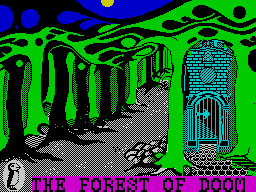 The Forest of Doom (ZX Spectrum) screenshot: When loaded the game scrolls a 'STOP THE TAPE' message followed by the game's title, credits, and a brief message about 'The CITADEL' another game in the same series