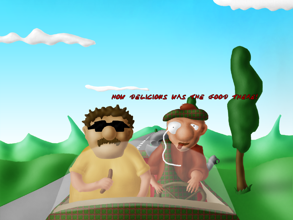 Earl Bobby is looking for a Loo (Windows) screenshot: Earl Bobby and Baron Mucki driving back from a golf game
