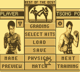 Best of the Best Championship Karate (Game Boy) screenshot: The main menu allows you to train, set up moves, and more