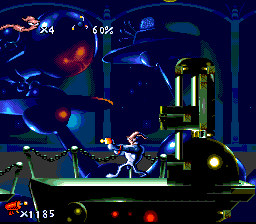 Earthworm Jim (SNES) screenshot: Jim is shooting!