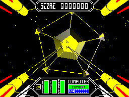 Starstrike II (ZX Spectrum) screenshot: Ooops! I get no points for shooting it so it must be my support ship