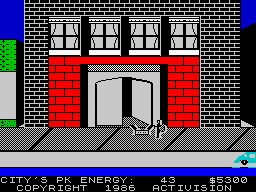 Ghostbusters (ZX Spectrum) screenshot: - Hello, anybody's home? It's Jose, the pizza guy... double moss and rat tails, or it was cockroach pate...?<br> - Do not be afraid, I can guarantee you I'm not a Ghostbuster...