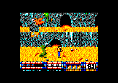 Renegade III: The Final Chapter (Amstrad CPC) screenshot: The egg fell right in front of me. A larger dinosaur is approaching from behind.
