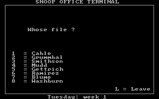 Snooper Troops (DOS) screenshot: Snoop Office - Checking the files on the suspects.