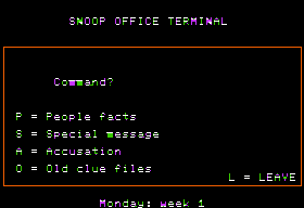 Snooper Troops (Apple II) screenshot: Snoop office terminal.