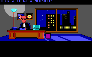 Maniac Mansion (DOS) screenshot: Mark checks out a demo tape. (Enhanced version, EGA)