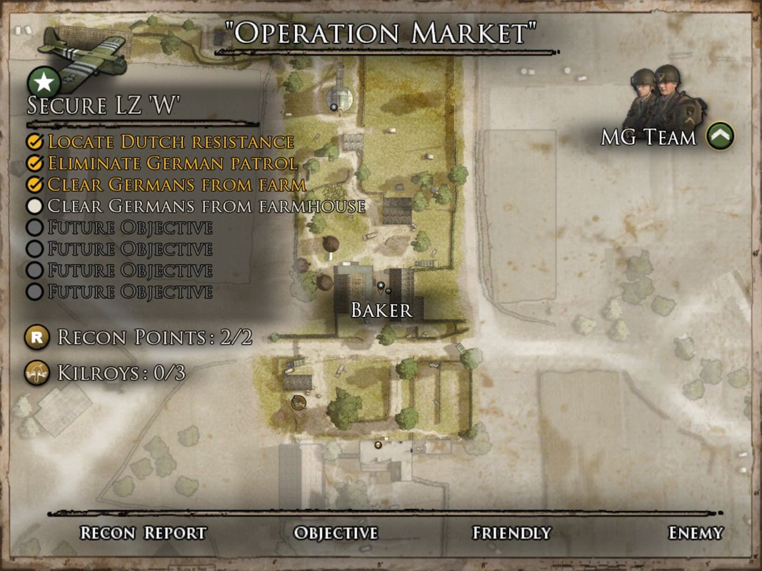 Brothers in Arms: Hell's Highway (Windows) screenshot: The tactical map with all the objectives and the possibilty to order your men around.