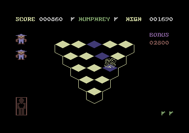 Humphrey (Commodore 64) screenshot: The bomb got me. I lost a life.