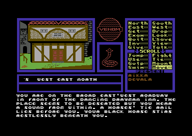 Venom (Commodore 64) screenshot: The game starts here, outside the inn. The commands are in the window on the right. The window beneath the picture shows the authors names and then the exits from this location