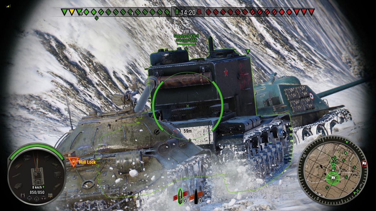 World of Tanks: Monster Mega Bundle (PlayStation 4) screenshot: Allied colon with a Gorynych KV-5 in the middle flanking from the left side of the map