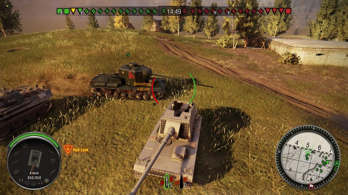 World of Tanks: Monster Mega Bundle (PlayStation 4) screenshot: Allied Gorynych KV-5 passing behind my Sturer Emil tank-destroyer