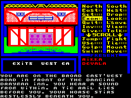 Venom (ZX Spectrum) screenshot: The game starts here, outside the inn, waiting for Rikka's companions. The window below the picture shows the available exits from this location