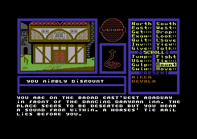 Venom (Commodore 64) screenshot: Rikka starts the game on his horse. To enter the inn he must first dismount. To do that the MOUNT command is selected and used