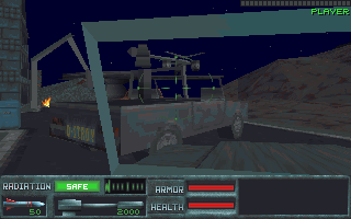 SkyNET (DOS) screenshot: Multiplayer areas have jeeps, HKs and other vehicles that the players can drive.