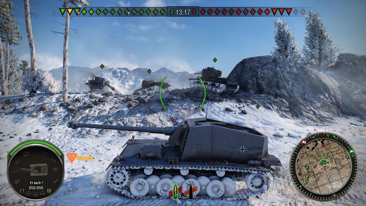 World of Tanks: Monster Mega Bundle (PlayStation 4) screenshot: Allied Gorynych KV-5 with two more tanks firing at the enemy from the edge of a cliff