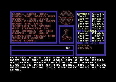 Venom (Commodore 64) screenshot: The story unfolds as Rikka explores. text such as this is displayed when there's no artwork for the current location