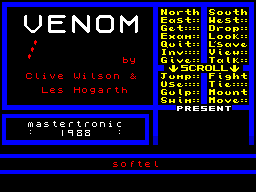 Venom (ZX Spectrum) screenshot: This is the game's title screen. The available commands can be seen on the right
