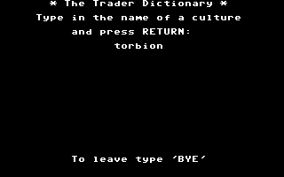 In Search of the Most Amazing Thing (Commodore 64) screenshot: The Trader dictionary computer program.