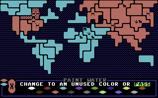 Lords of Conquest (Commodore 64) screenshot: Paint water option - You can change the color of the water on the map as well.