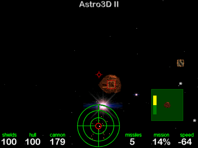 Astro3D II (Windows) screenshot: Firing at a bigger asteroid.