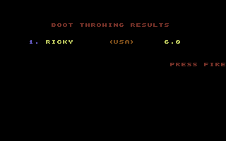 Sports-A-Roni (Commodore 64) screenshot: Boot Throwing Results.
