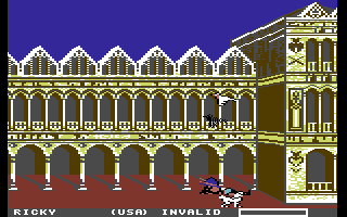 Sports-A-Roni (Commodore 64) screenshot: Run Up The Wall - Crashed into the wall!