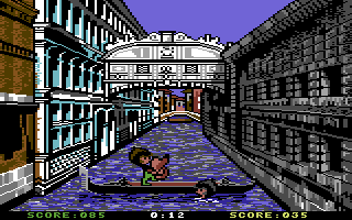 Sports-A-Roni (Commodore 64) screenshot: Pillow Fight - Knocked the computer opponent into the water!