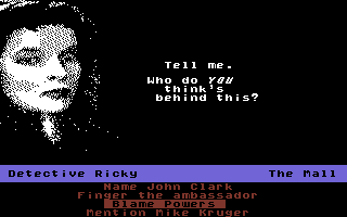 Intrigue! (Commodore 64) screenshot: Who do I think is behind this? Elvis? Richard Nixon? Batman?