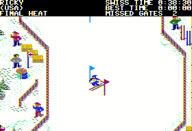 World Games (Apple II) screenshot: Slalom Skiing - Skiing through flags