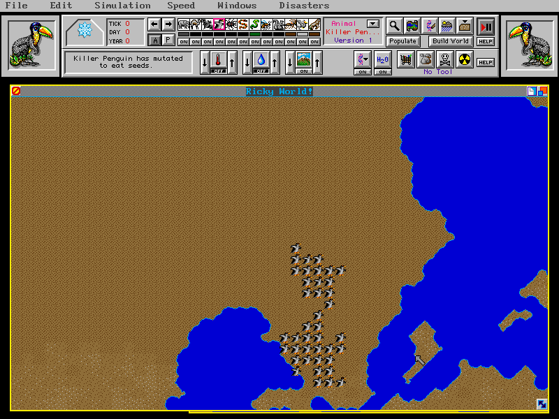 SimLife (DOS) screenshot: Adding killer penguins to my custom world.