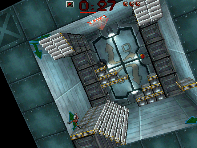 Blast Chamber (DOS) screenshot: The room rotates once you approach the green arrow.