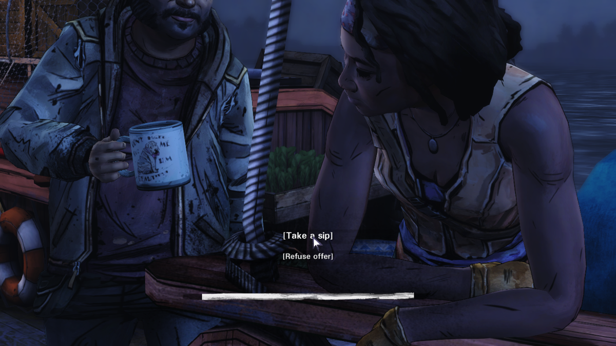 The Walking Dead: Michonne (Macintosh) screenshot: Episode 3 - Oak doesn't mind sharing his spiced up coffee