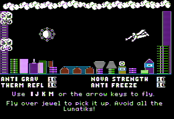 Microzine #25 (Apple II) screenshot: Cosmic Heroes - Battling Lunatik for a Shard on Earth