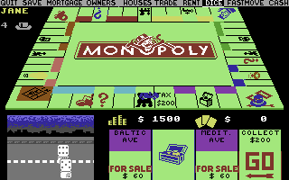 Waddingtons Deluxe Monopoly (Commodore 64) screenshot: Computer player rolling dice. (US release)