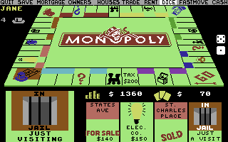 Waddingtons Deluxe Monopoly (Commodore 64) screenshot: Computer player goes to jail! Haha! (US release)