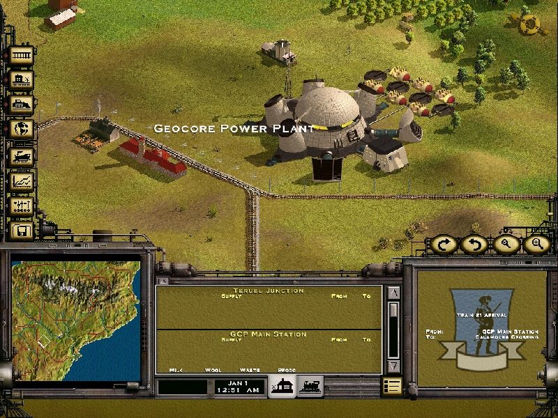 Railroad Tycoon II: The Next Millennium - Special Edition (Windows) screenshot: The main view is isometric. There's a mini map in the lower left while the lower right defaults to the game's name but can show pictures and black & white videos