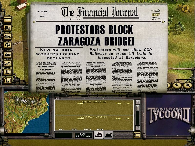 Railroad Tycoon II: The Next Millennium - Special Edition (Windows) screenshot: The game uses newspapers to notify the player of important events, this is shown at the start of the 'Energy For A New Future' scenario