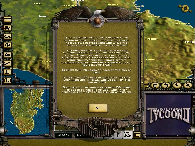 Railroad Tycoon II: The Next Millennium - Special Edition (Windows) screenshot: After the video sequence and narration the scenario is summarised in text form together with the objectives,this is from the 'Island Of Hope' scenario