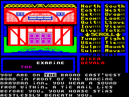 Venom (ZX Spectrum) screenshot: The EXAMINE command has been selected and now appears in the window below the picture. The game then allows the player to scroll through the text to select an object or person to examine.