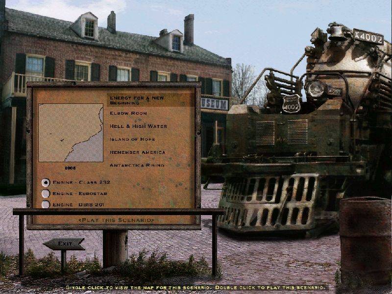 Railroad Tycoon II: The Next Millennium - Special Edition (Windows) screenshot: The scenario selection screen, these are the only ones that are available. While the player has this screen showing the narrator begins talking