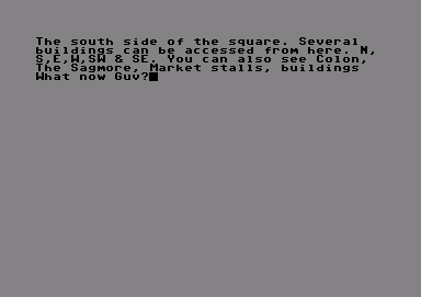 Deadenders (Commodore 64) screenshot: Having searched the flat PC Dance exits the room and enters the Herbert Square. Still no pictures