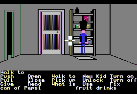Maniac Mansion (Apple II) screenshot: Checking what supplies are on this storage shelf.