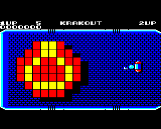 Krakout (BBC Micro) screenshot: Start of the first level. You can choose the direction for the ball launch.