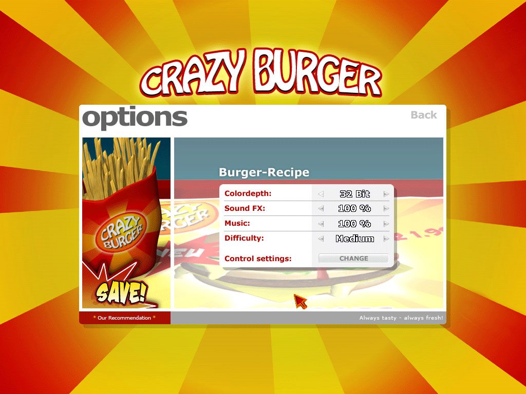 Crazy Burger (Windows) screenshot: Options