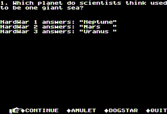 Microzine #25 (Apple II) screenshot: Cosmic Heroes - Only the Real Hardwar Knows the Correct Answers